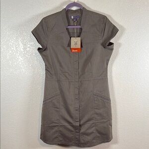 Ibex Organic Herringbone Snap Dress Taupe Size 12 NWT Outdoor Hiking